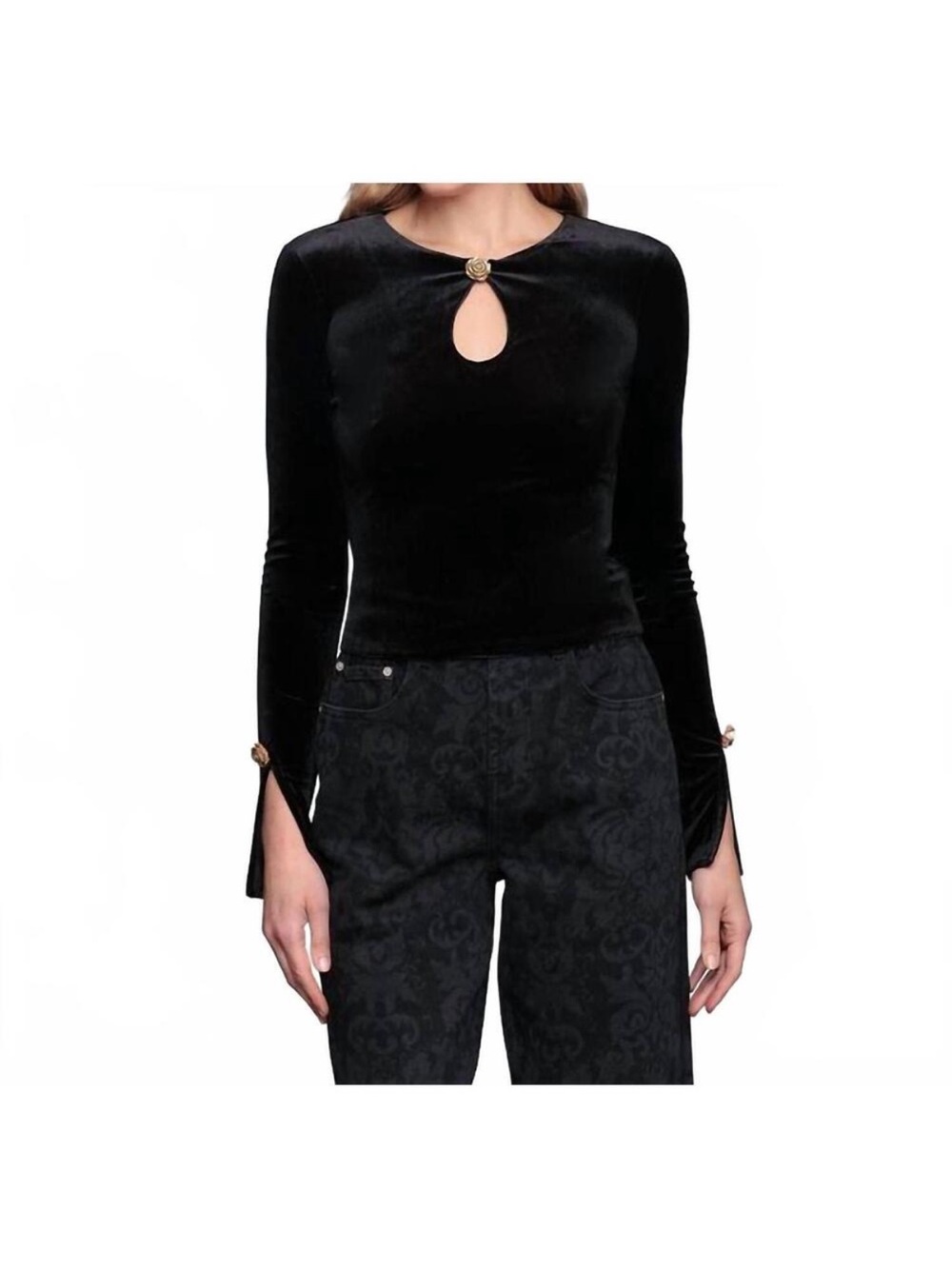 NWT AVEC LES FILLES Women's Long Sleeve Rose Button Velvet Top Sz XS - Picture 2 of 4